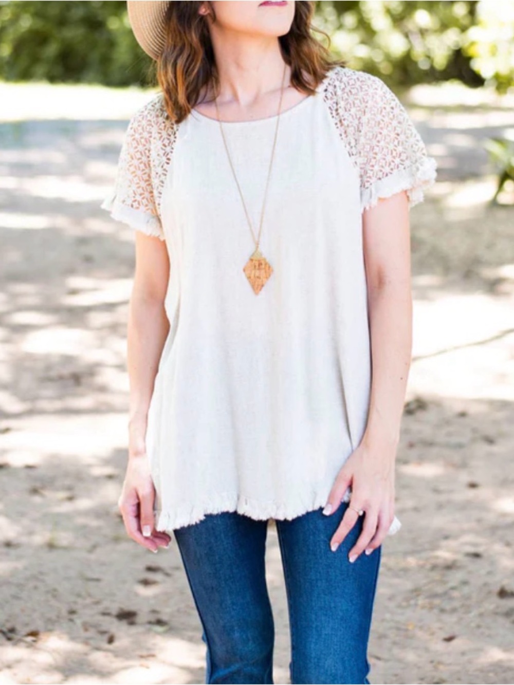 Umgee Cream Crochet Sleeve Blouse